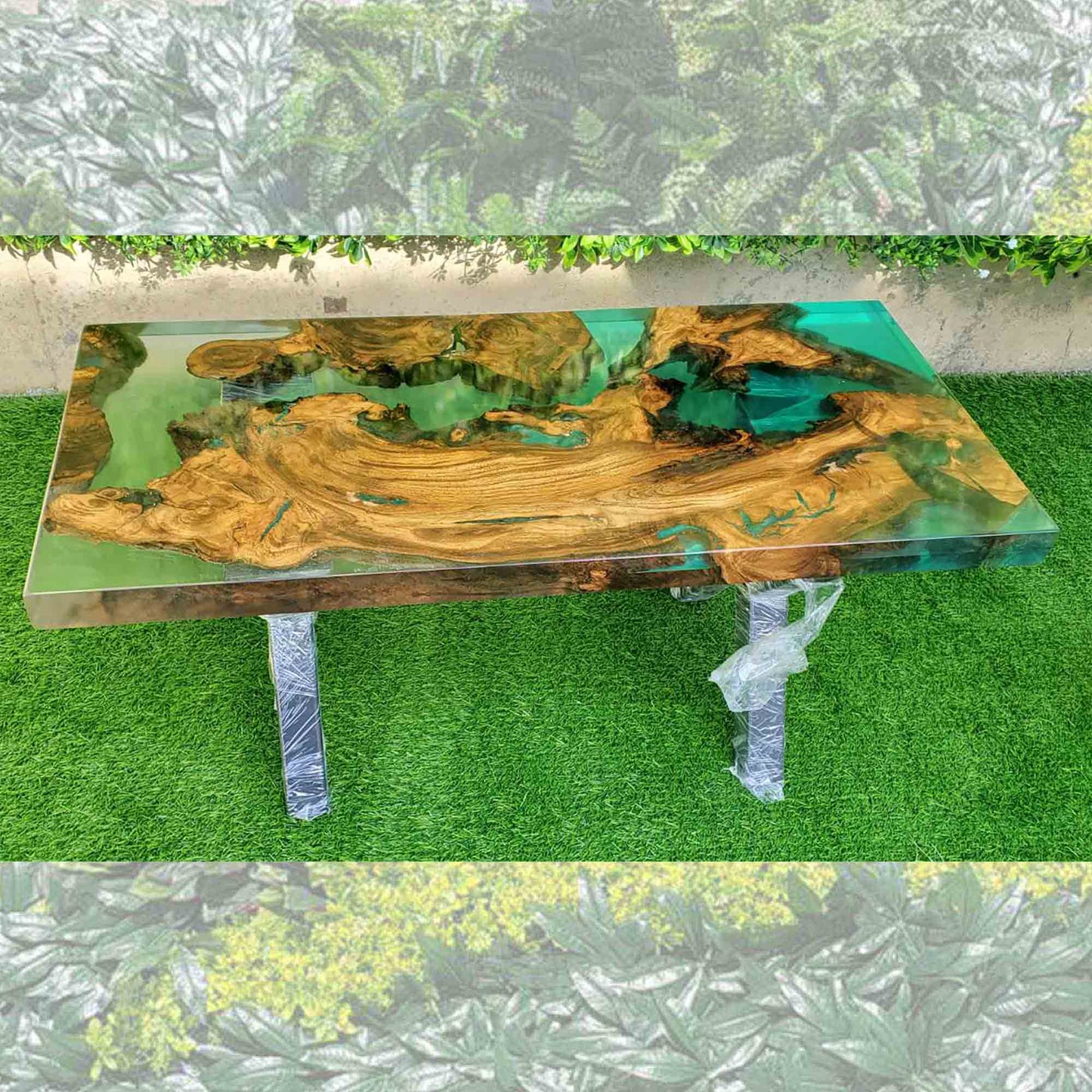 Дизайнерска маса от масивна дървесина и синя епоксидна смола - PMD 080